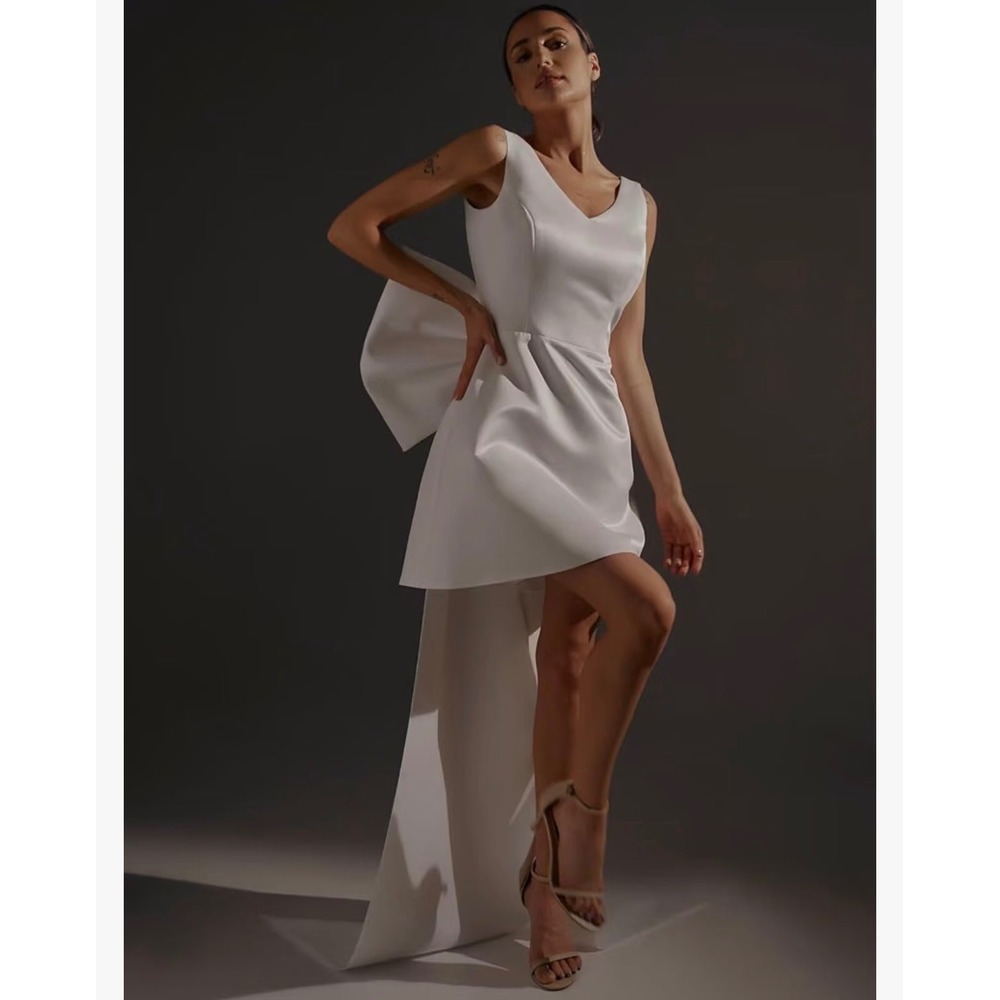 Miss Veil White Satin Mini Bridal Dress Detachable Bow Lace Up Back Size 16